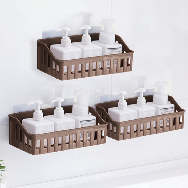 마켓플랜 무타공 다용도 물빠짐 욕실 정리함, 브라운, 3개