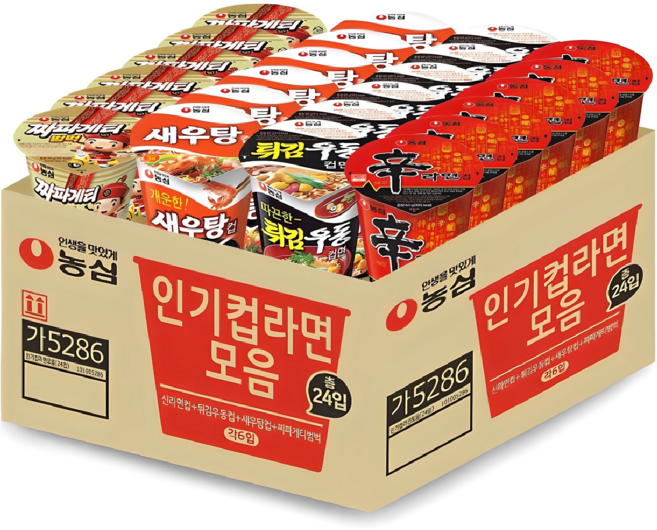 농심 신라면 6개 65g + 새우탕 6개 67g + 튀김우동 6개 62g + 짜파게티범벅 6개 70g, 1박스