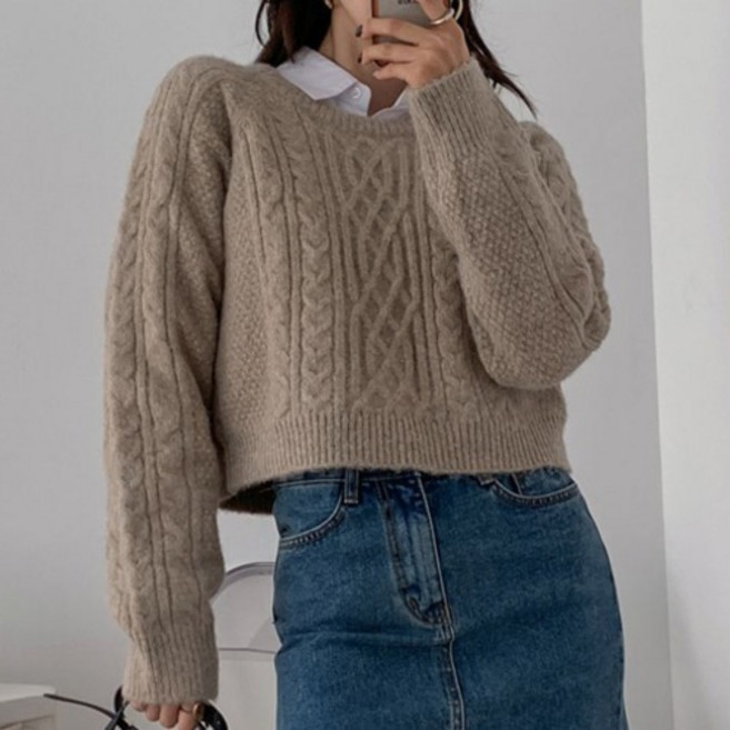KnitNJean 女款美麗諾羊毛麻花拉克蘭德帕因圓領針織衫