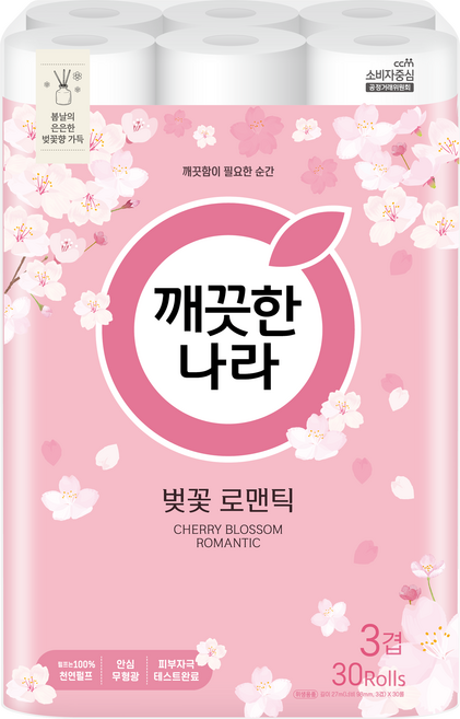 깨끗한나라 벚꽃 로맨틱 천연펄프 3겹 고급롤화장지, 27m, 30개입, 1개
