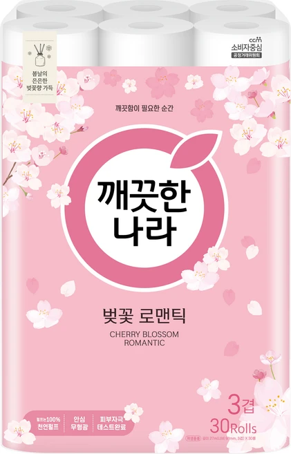 깨끗한나라 벚꽃 로맨틱 천연펄프 3겹 고급롤화장지, 27m, 30개입, 1개 - 쿠팡