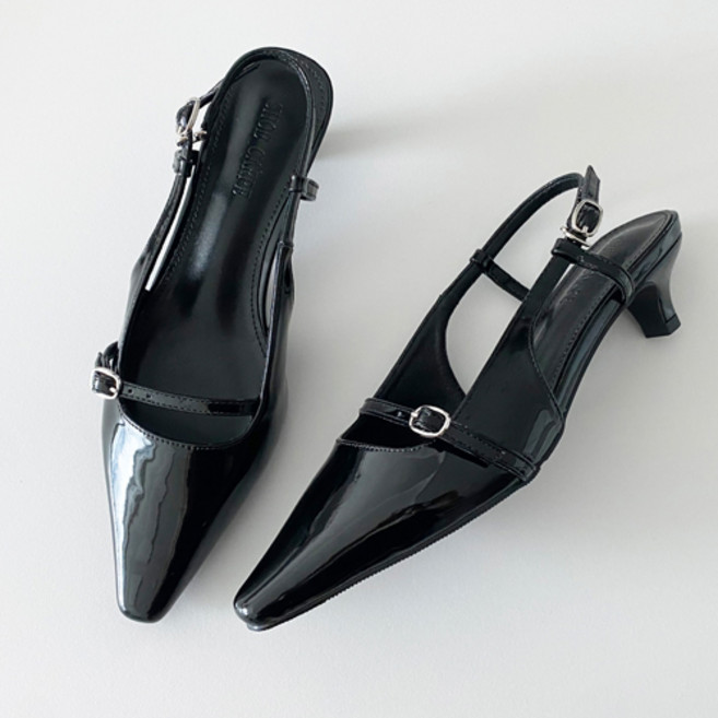 슈카르페 빅사이즈 에나멜 스틸레토 키튼힐 슬링백 구두 4cm