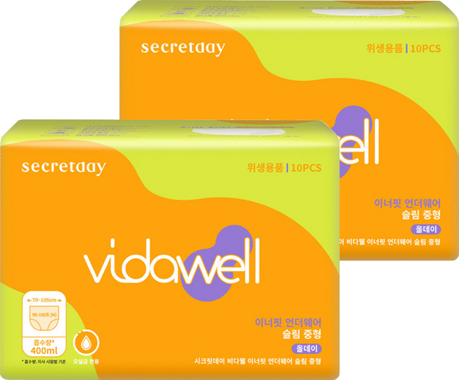 비다웰 여성용 요실금 이너핏 언더웨어 슬림 성인기저귀, 중형, 2세트, 10매입