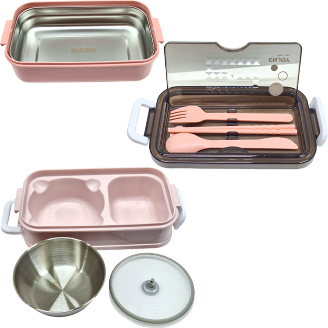 雙層不鏽鋼便當 Set 8件 304不鏽鋼/PP 粉色, 1組