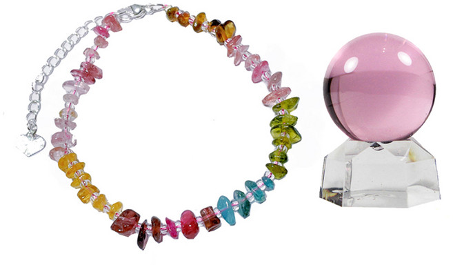 彩虹碧璽手鍊 + 粉水晶琉璃球套裝
