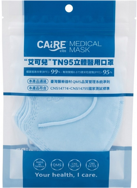 CAiRE 艾可兒 立體醫用口罩 未滅菌 成人用 TN95, 晨天藍, 5片, 1包