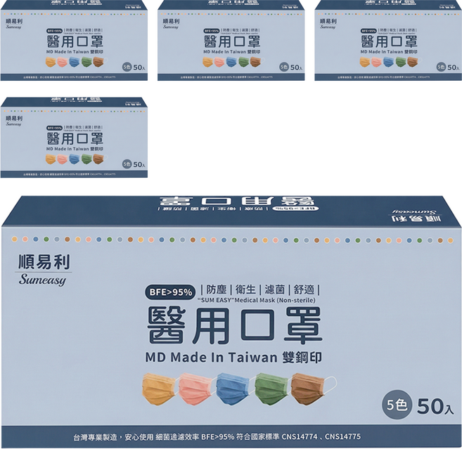 順易利醫用成人口罩, 50片, 5盒, 綜合款