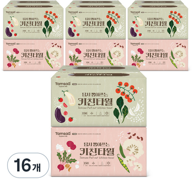 탐사 뽑아쓰는 천연펄프 키친타올, 150매, 16개