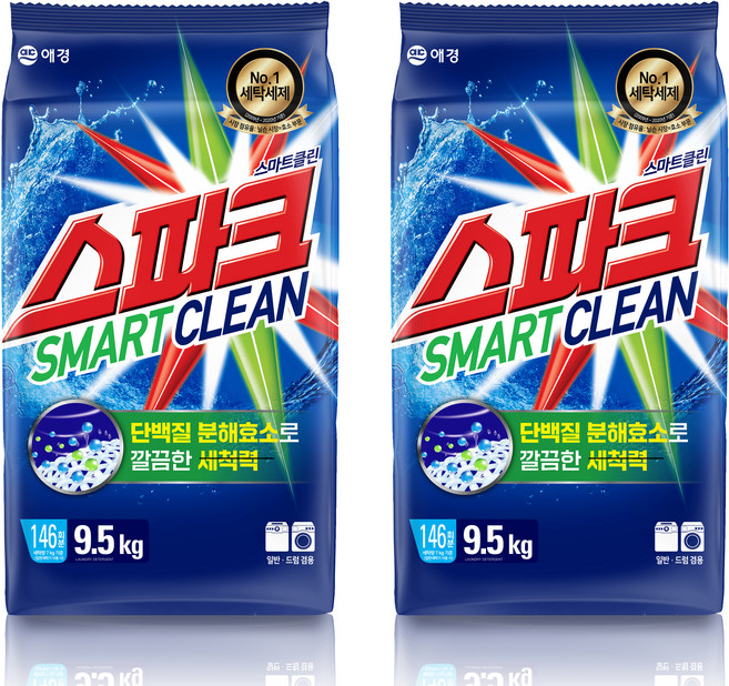 스파크 스마트 클린 분말세제 리필, 9.5kg, 2개