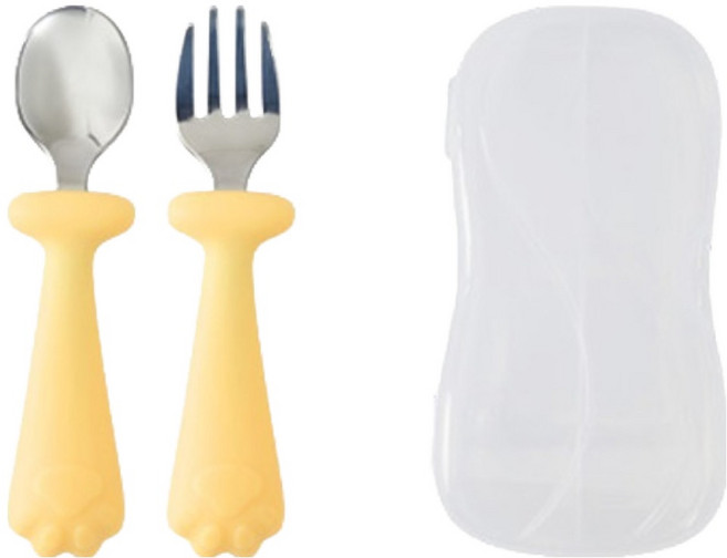 퍼기 휘어지는 자기주도 이유식 스텐 스푼 + 포크 + 케이스 세트, 버터옐로우, 1세트