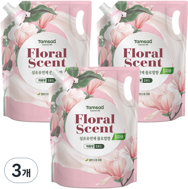 탐사 딥퍼퓸 섬유유연제 플로럴향 파우치타입 대용량, 2.6L, 3개