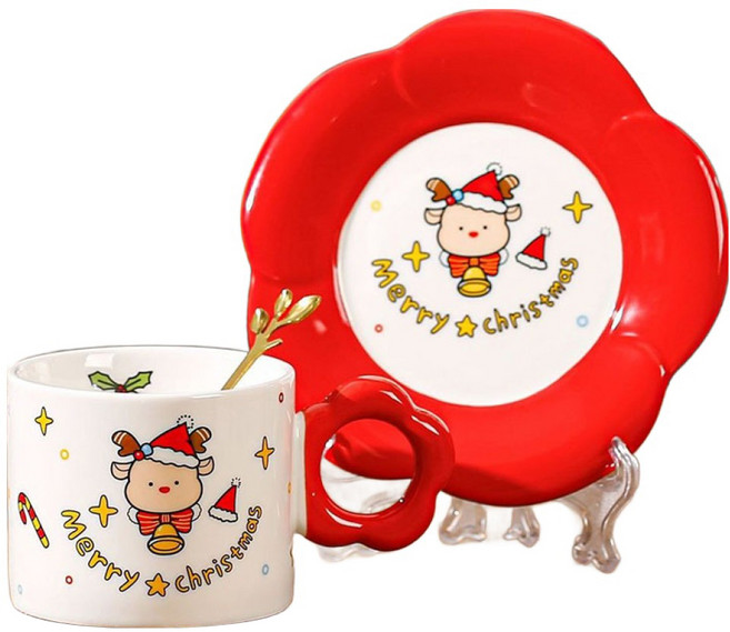 크리스마스 머그잔 280ml 지름 8.5 x 높이 7cm + 수저 + 받침 15cm 세트 YJ719, 루돌프, 1세트