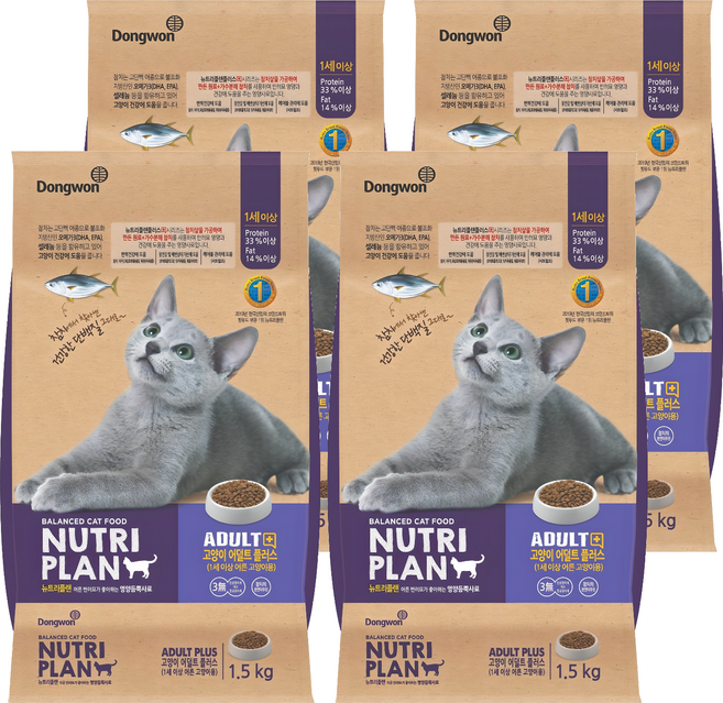 동원뉴트리플랜 어덜트 고양이 플러스 건식사료, 참치, 1.5kg, 4개