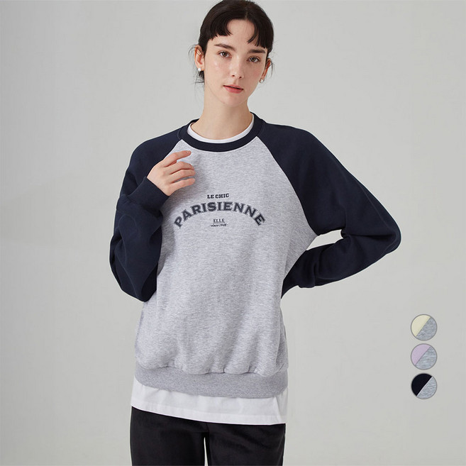 ELLE PARIS 컬러블록 라글란 기모 스웻셔츠 PARISIEN