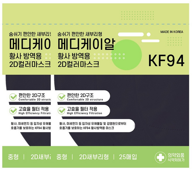 메디케이알 데일리핏 새부리형 황사 마스크 중형 KF94, 25개입, 2개, 미디블랙