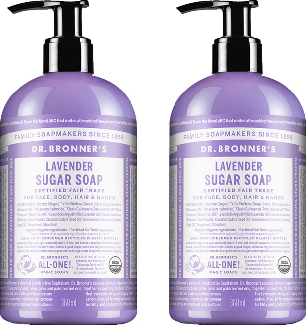 [비건뷰티] 닥터브로너스 라벤더 슈가 솝, 360ml, 2개 - 쿠팡