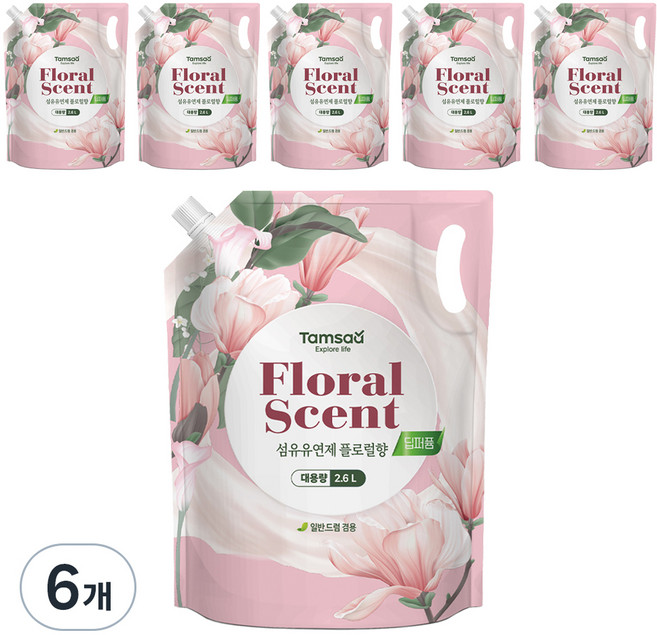 탐사 딥퍼퓸 섬유유연제 플로럴향 파우치타입 대용량, 2.6L, 6개