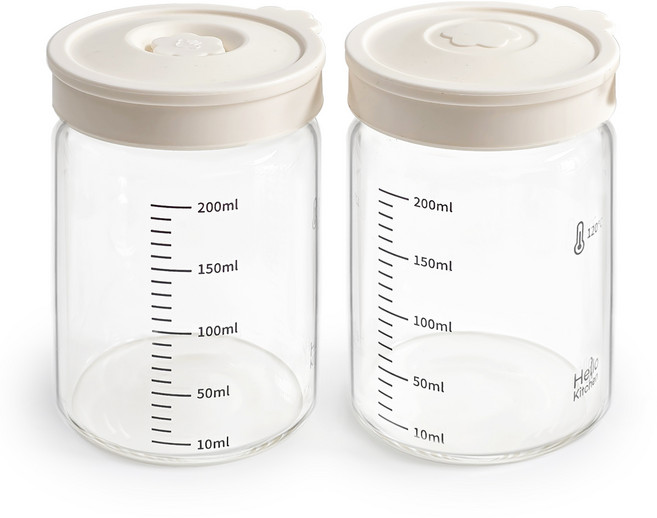헬로키친 내열유리 실리콘캡 눈금 유리병, 200ml, 2개