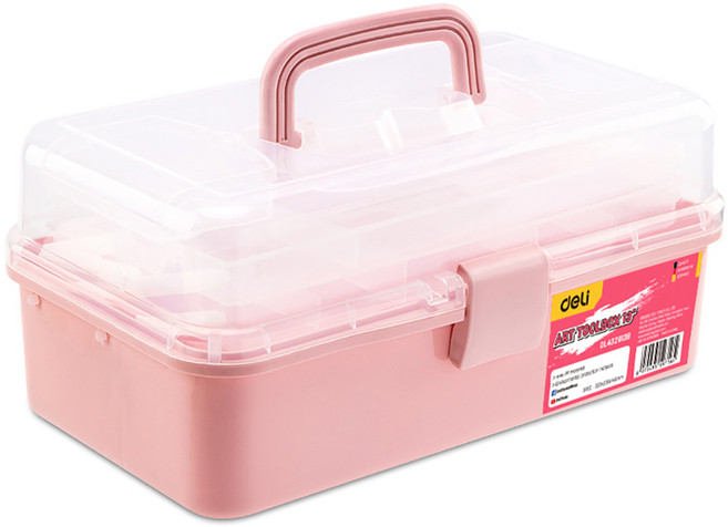 델리툴즈 휴대용 플라스틱 접이식 3단 스토리지 공구 보관 툴박스 핑크 EDL432013B, 1개