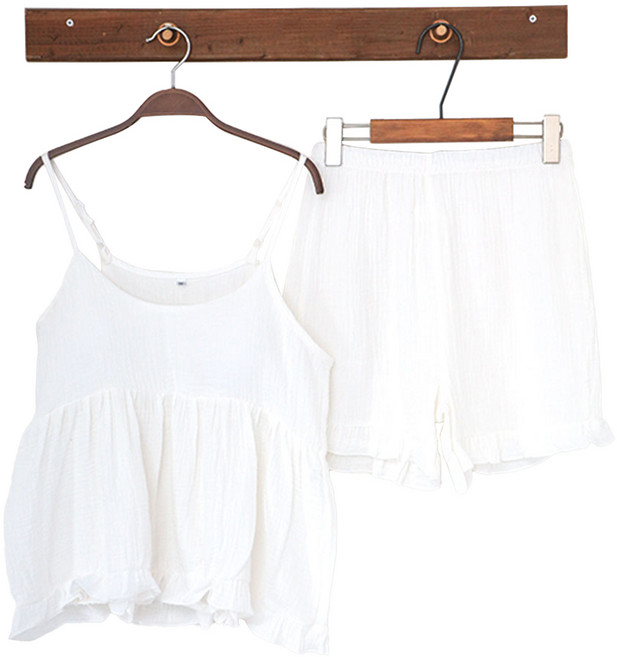 글램공감 여성용 통기성 슈크림 캡내장 프릴 끈나시 투피스 면 파자마 상하세트