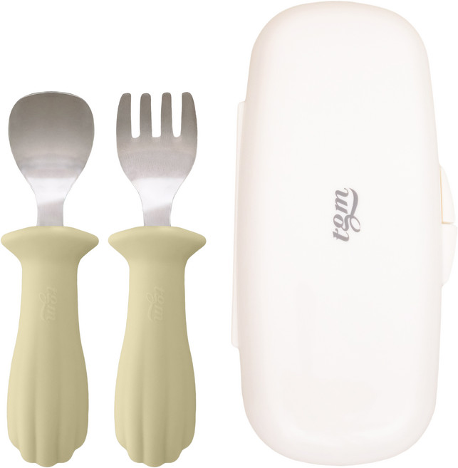 티지엠 조가비 실리콘 스테인리스 이유식 스푼 앤 포크 세트, 올리브, 1세트