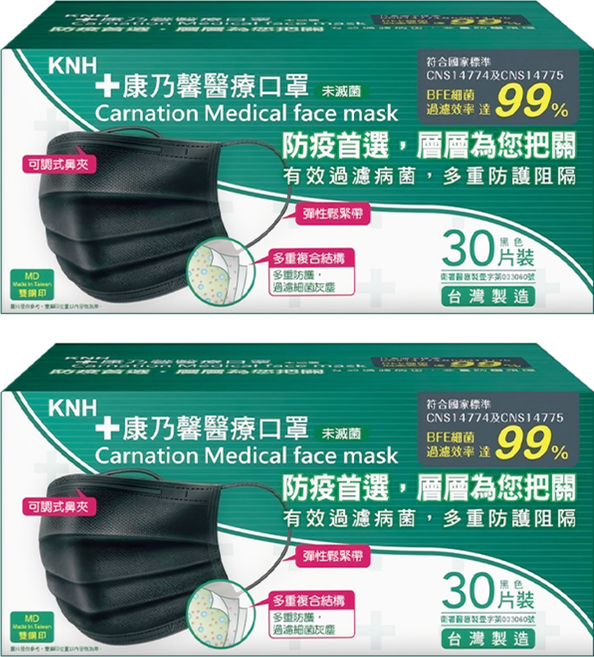 康乃馨 成人平面醫療口罩, 黑色, 30片, 2盒