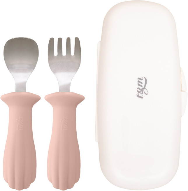 티지엠 국산 유아용 조가비 실리콘 스테인리스 자기주도 이유식스푼포크, 코랄핑크, 1세트