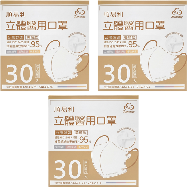 順易利 成人立體醫用口罩 美顏款 M, 白色, 30片, 3盒