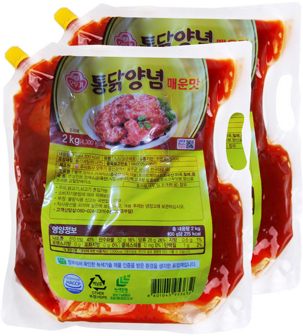 오뚜기 오쉐프 통닭양념 매운맛 소스, 2kg, 2개