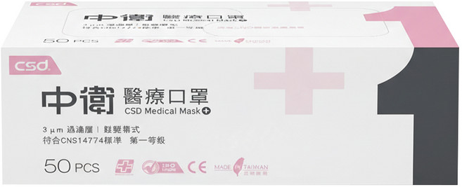 CSD 中衛 成人一級醫療口罩, 粉色, 50片, 1盒