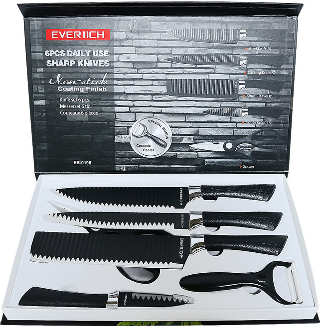 에버리치 한눈알 칼세트 ER-0198, 1세트, 식칼+중식칼+육류용 칼+과도+주방용가위+감자칼
