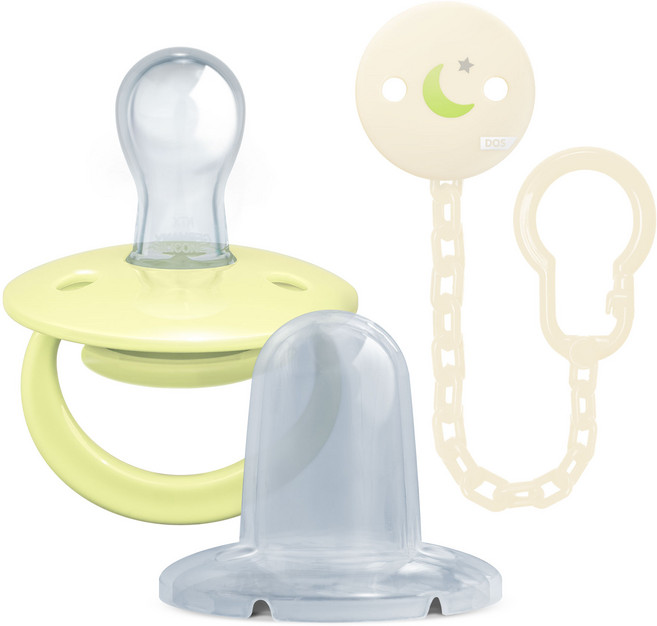 DOS 실리콘 공갈젖꼭지 쪽쪽이 + 보호캡 + 클립 세트, 랜덤발송(쪽쪽이), 그린문(클립), 1개