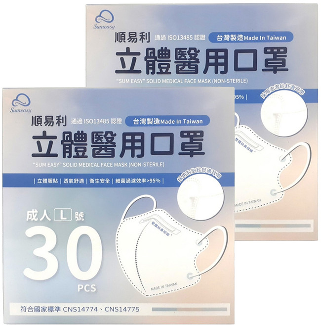 順易利 成人立體醫用口罩 L, 白色, 30片, 2盒