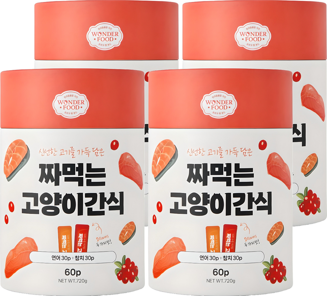 원더푸드 짜먹는 고양이 간식 60p, 혼합맛(연어/참치), 720g, 4세트