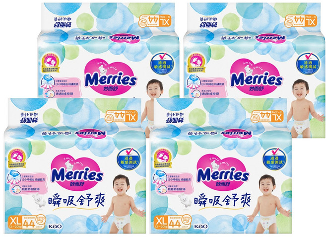 Merries 妙而舒 台灣公司貨 瞬吸舒爽黏貼型紙尿褲 12~20kg, XL, 176片