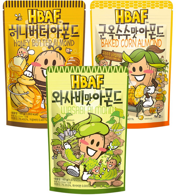 바프 아몬드 허니버터 190g + 와사비맛 190g + 군옥수수맛 190g, 1세트