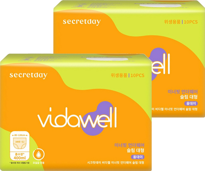 비다웰 여성용 요실금 이너핏 언더웨어 슬림 성인기저귀, 대형, 2세트, 10매입