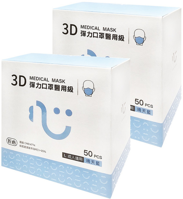 匠心 3D彈力口罩醫用級 L 成人, 晴天藍, 50片, 2盒