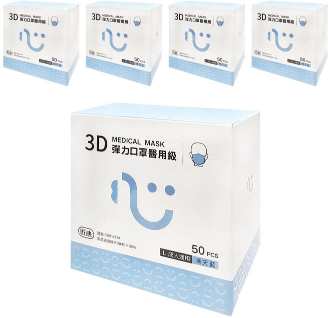 匠心 3D彈力口罩醫用級 L 成人, 晴天藍, 50片, 5盒