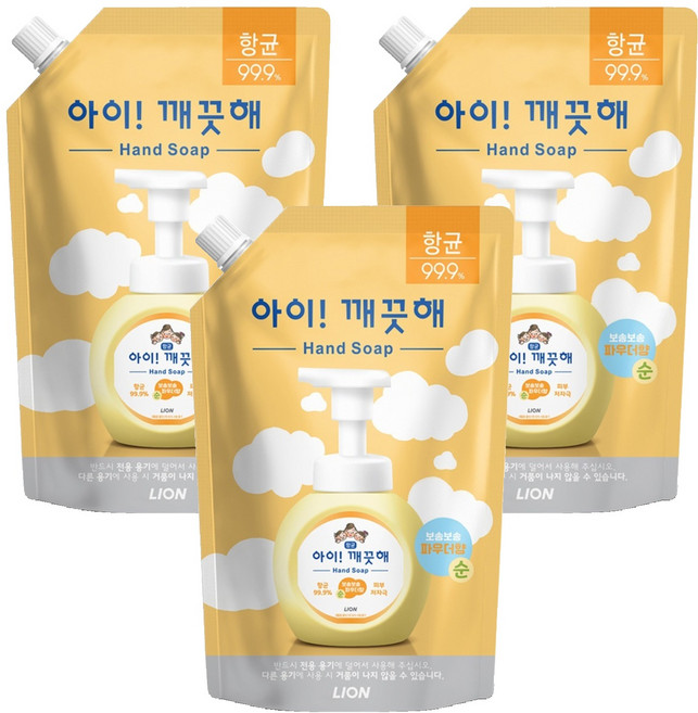 아이깨끗해 핸드워시 리필용 순 파우더향, 600ml, 3개