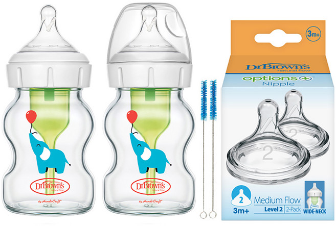 닥터브라운 옵션스플러스 와이드넥 유리 엘리펀트 데코젖병 2P+2단계 젖꼭지 2P+크리닝 브러쉬 2P, 1단계(0~3개월), 화이트 + 그린, 1개