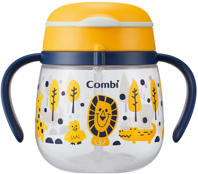 Combi 康貝 LakuMug樂可杯第三階段吸管杯, 快樂森林 黃色 + 藍色, 240ml, 1個