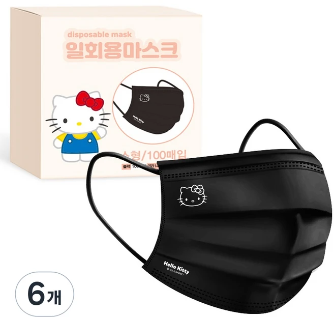 프로월드컵 산리오 헬로키티 덴탈마스크 소형, 블랙, 6개, 100개입 - 쿠팡