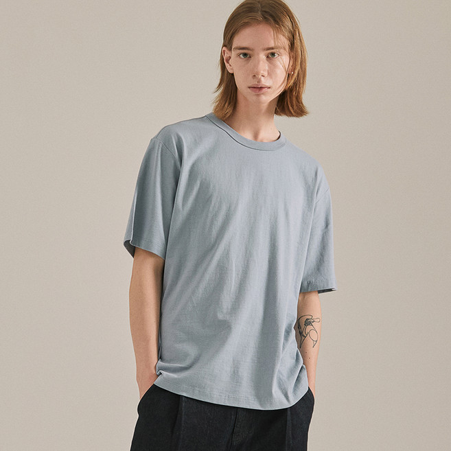 BASIC HOUSE 男女通用 16支棉 寬鬆版型 透氣 短袖T恤 LATS0109, 淺藍色