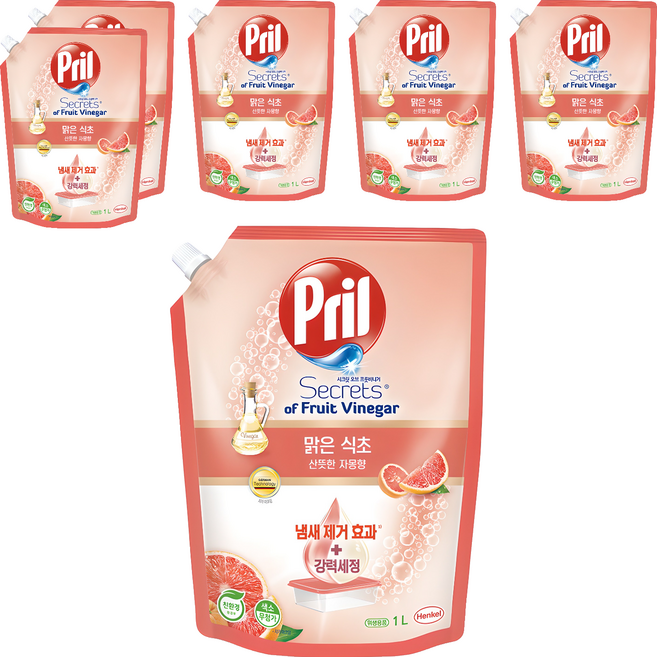 프릴 맑은 식초 산뜻한 자몽향 주방세제, 1L, 6개
