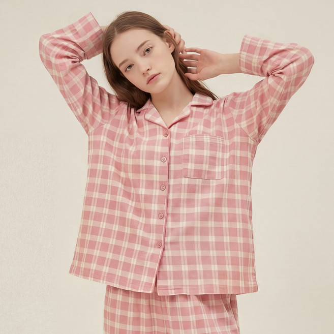 renoma 女款彈力格紋蜜桃絨彈性纖維九分睡衣家居服上下套裝