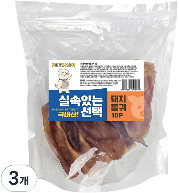 펫츠몬 강아지 실속있는선택 건조간식 10P, 돼지 통귀, 300g, 3개
