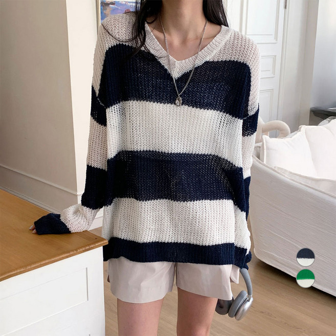 아피나르 여성용 루즈핏 볼드 스트라이프 박시 니트