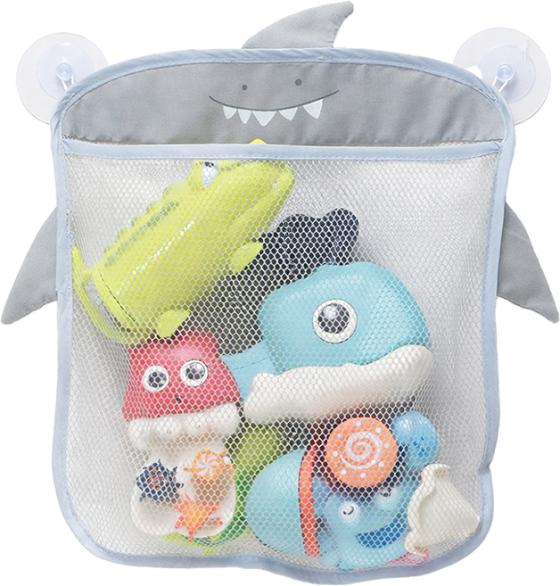 바름마켓 목욕 장난감 보관 파우치 수납망 물빠짐 방수 욕실 흡반 걸이형, 상어(그레이), 1개