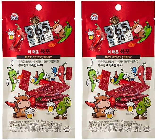 삼육오점이사 해표 365 24 더 매운 육포, 30g, 2개